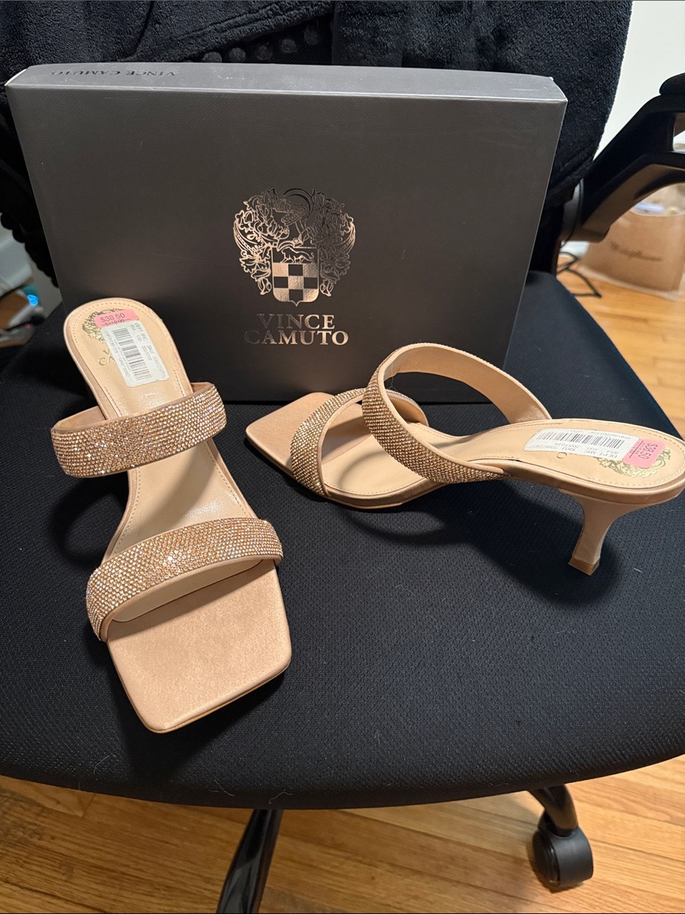 Vince Camuto Rose Gold Crystal Double-Strap Kitten Heel Sandals